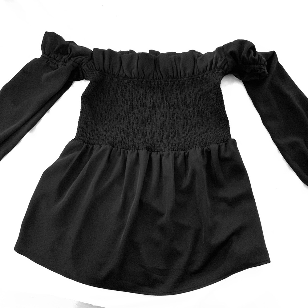 Black off the shoulder babydoll top from Nordstrom